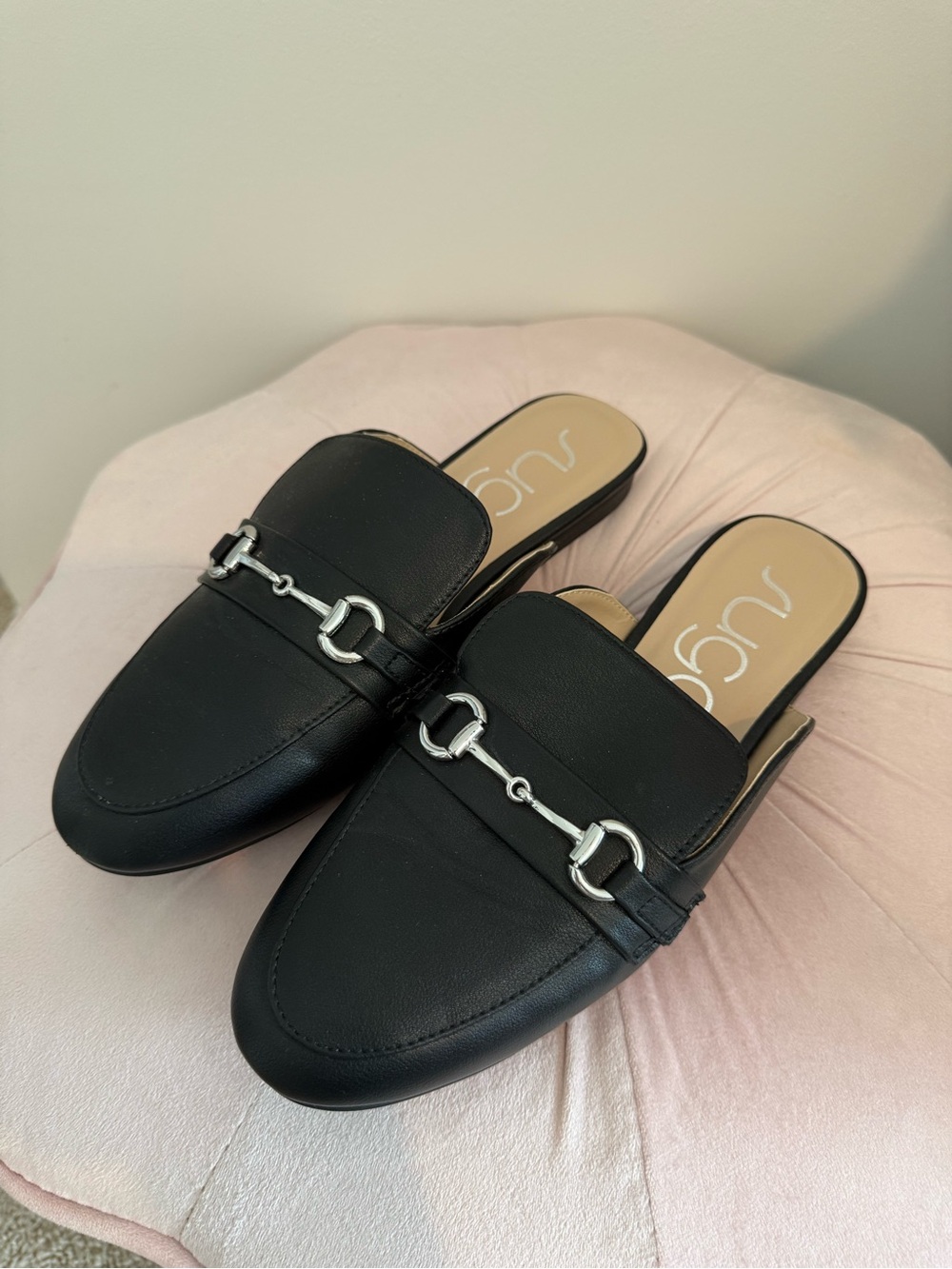 Black Slip-On Mule Loafers with Silver Bit Accent - size 10